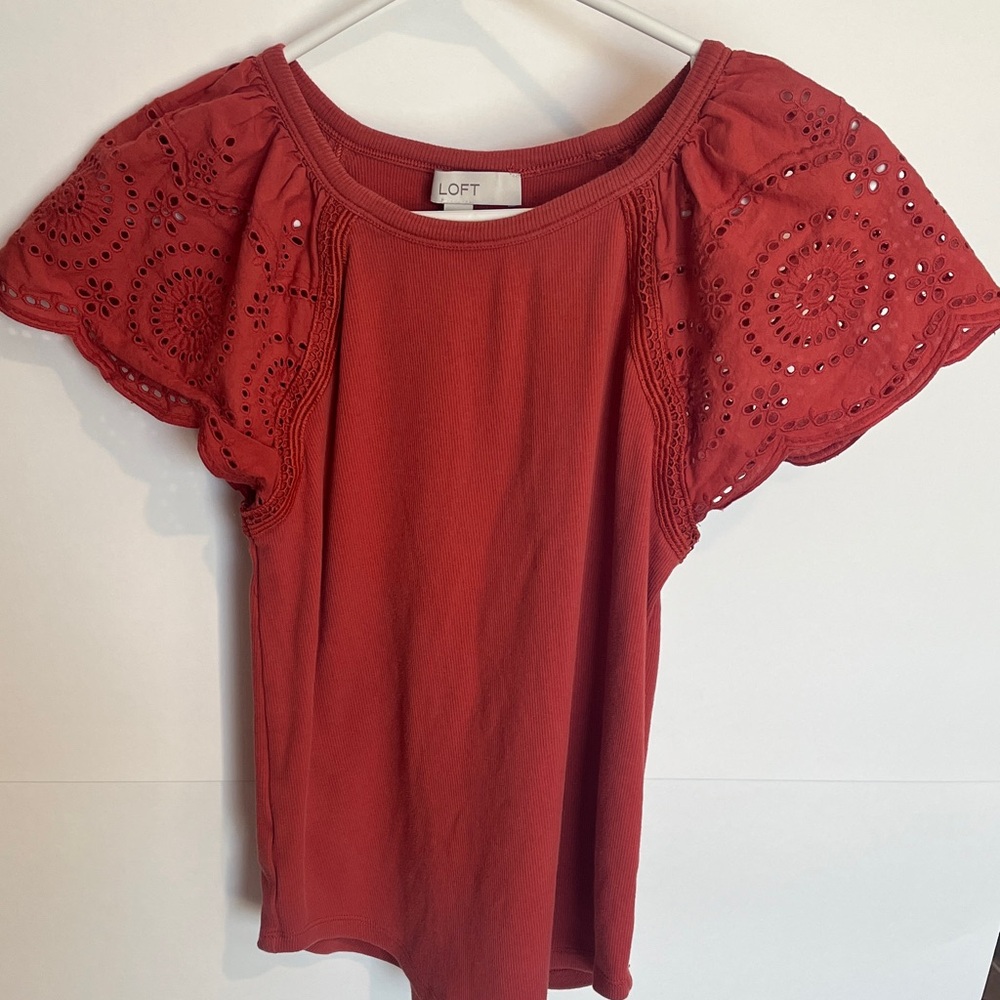 LOFT Red Blouse with Eyelet Sleeves
